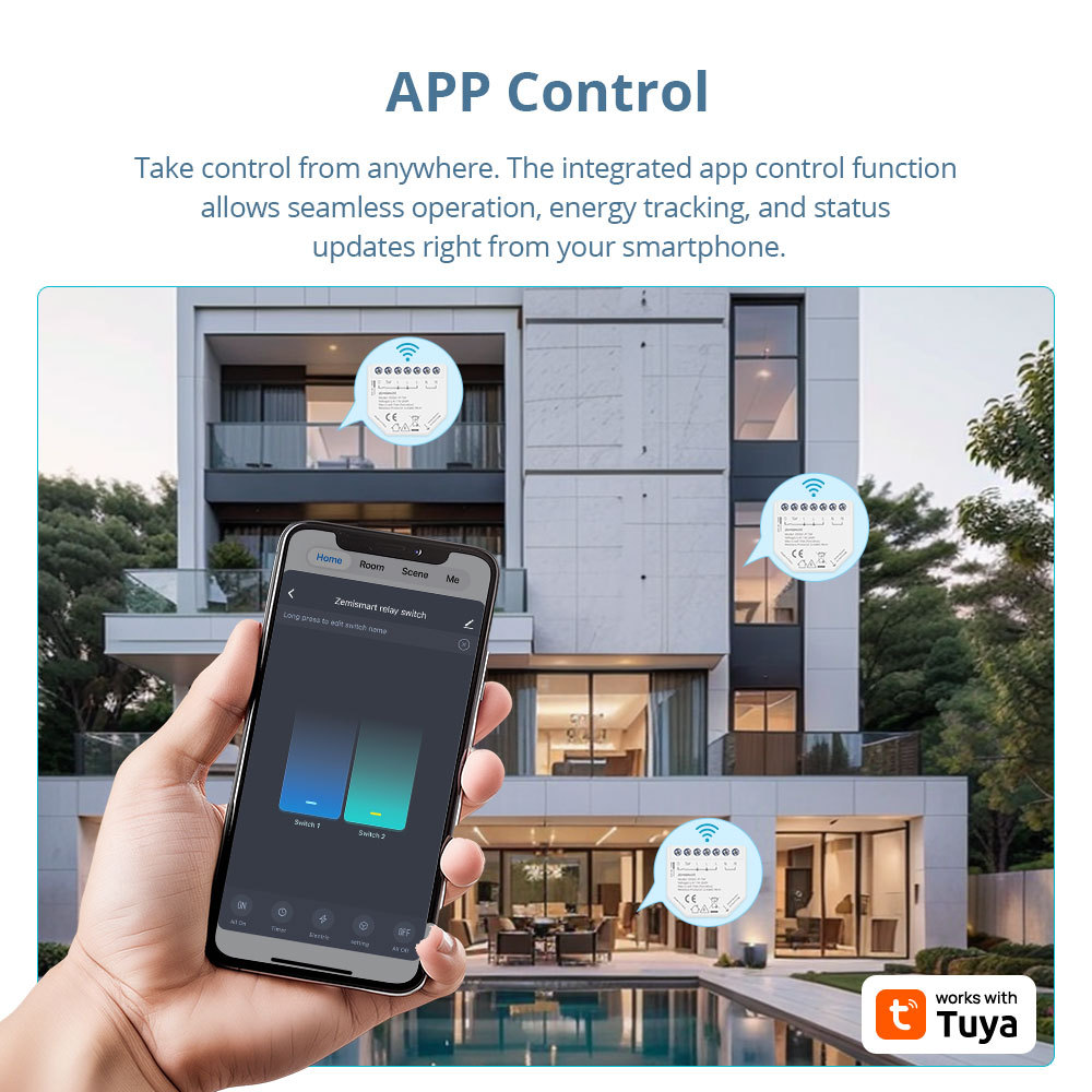 Zemismart Wifi Smart Relay 2 Gang Switch with Power Metering Mini Extreme Smart Switch Neutral Required Tuya App Voice Timer Control