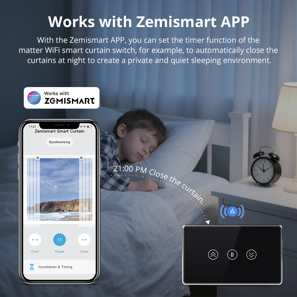 Zemismart Matter over WiFi Curtain Switch Black Color Smart Home Touch Switch for Curtain Motor HomeKit Alexa Google Home Tuya App Voice Control via Siri