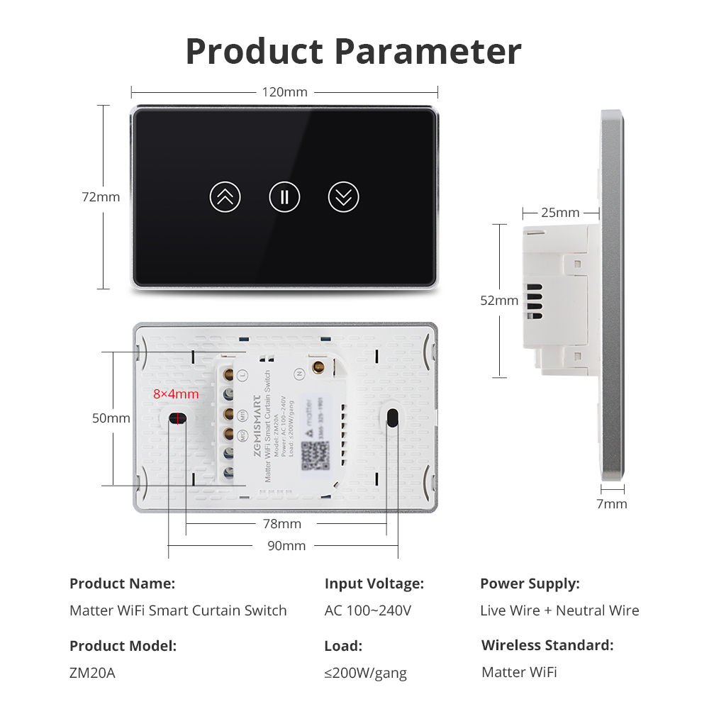 Zemismart Matter over WiFi Curtain Switch Black Color Smart Home Touch Switch for Curtain Motor HomeKit Alexa Google Home Tuya App Voice Control via Siri