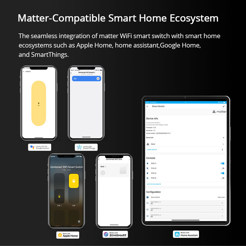 Zemismart Matter over Wifi DIY Name Switch Smart Display Screen Light Touch US Switch  Alexa Google Home HomeKit Siri Voice Control