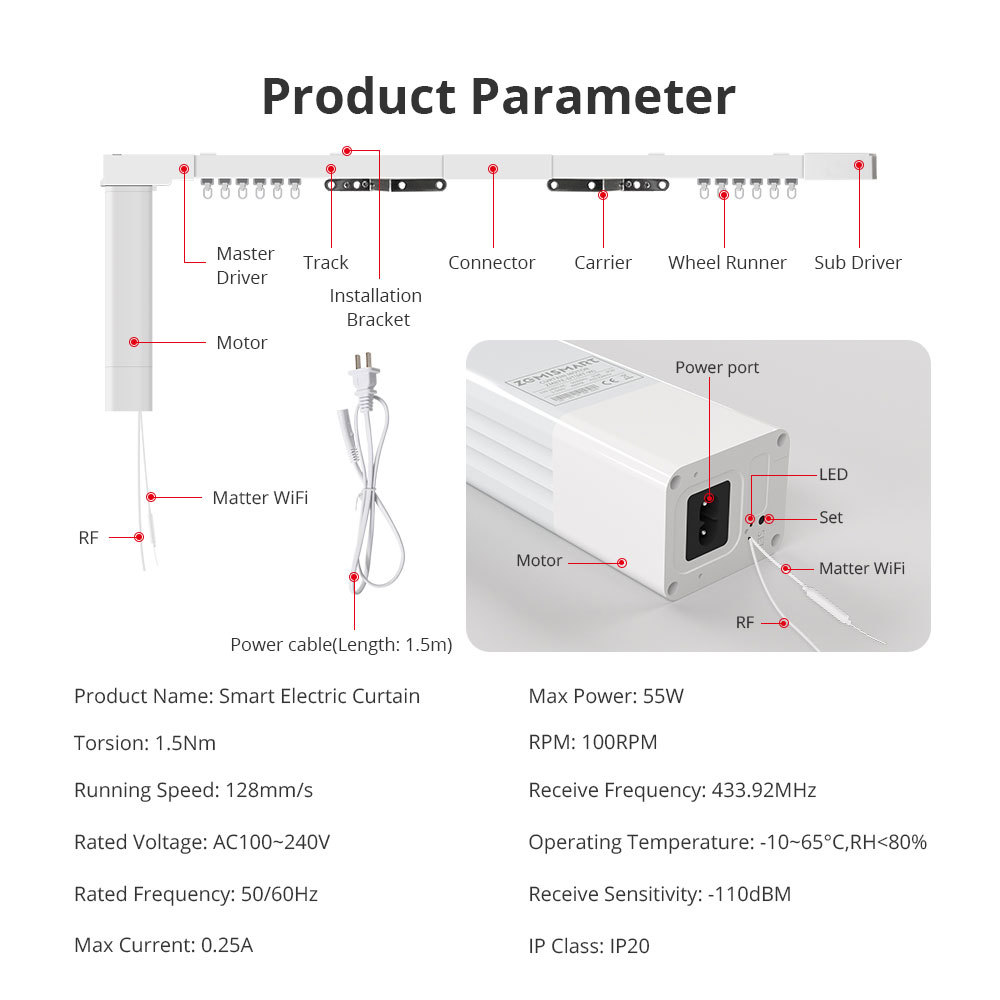Zemismart Matter Over Wifi Electric Track Smart Cutrain HomeKit SmartThings Google Home APP Control by Siri Voice Control