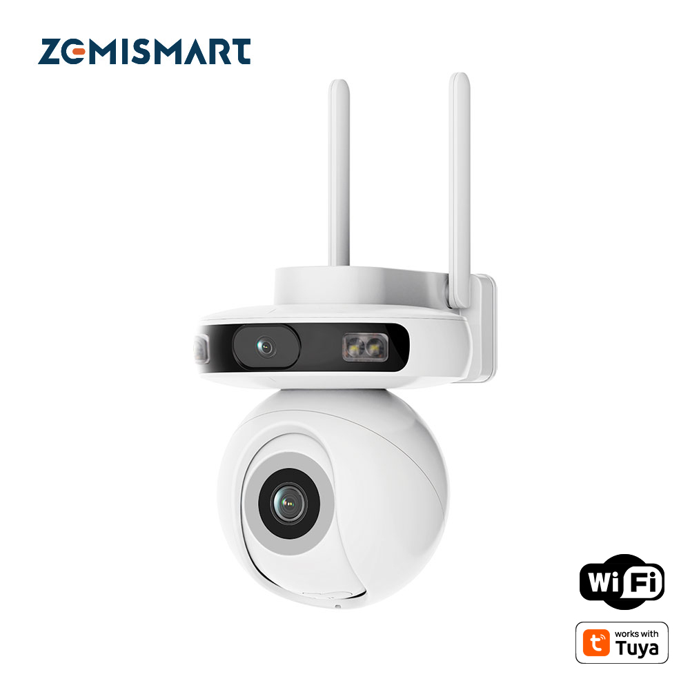 Zemismart Water Proof Outdoor Camera works with Tuya Wifi Dual Lens Dual Screen Tracking Security Protection Surveillance SD 3MP+3MP Card AI Motion Sensor