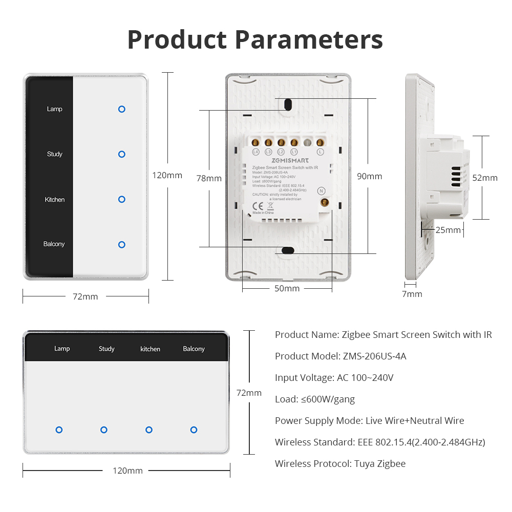 Zemismart Zigbee Smart Screen Switch with IR Display Screen Light Touch US Switch works with Tuya DIY Name Switch