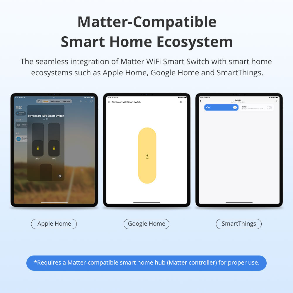 Zemismart Matter over Wifi Neutral Switch Grey Color with Aluminum Alloy Material Compatible HomeKit Google Home SmartThings App Control