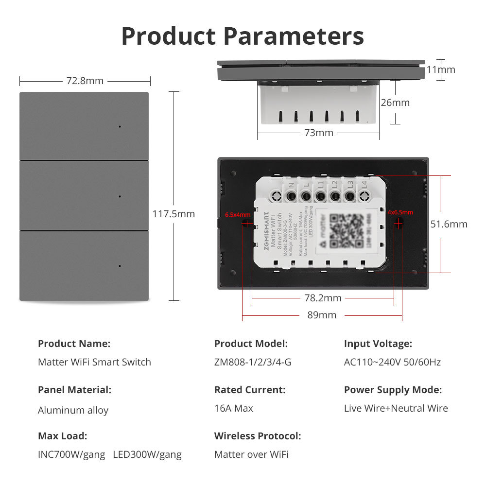 Zemismart Matter over Wifi Neutral Switch Grey Color with Aluminum Alloy Material Compatible HomeKit Google Home SmartThings App Control