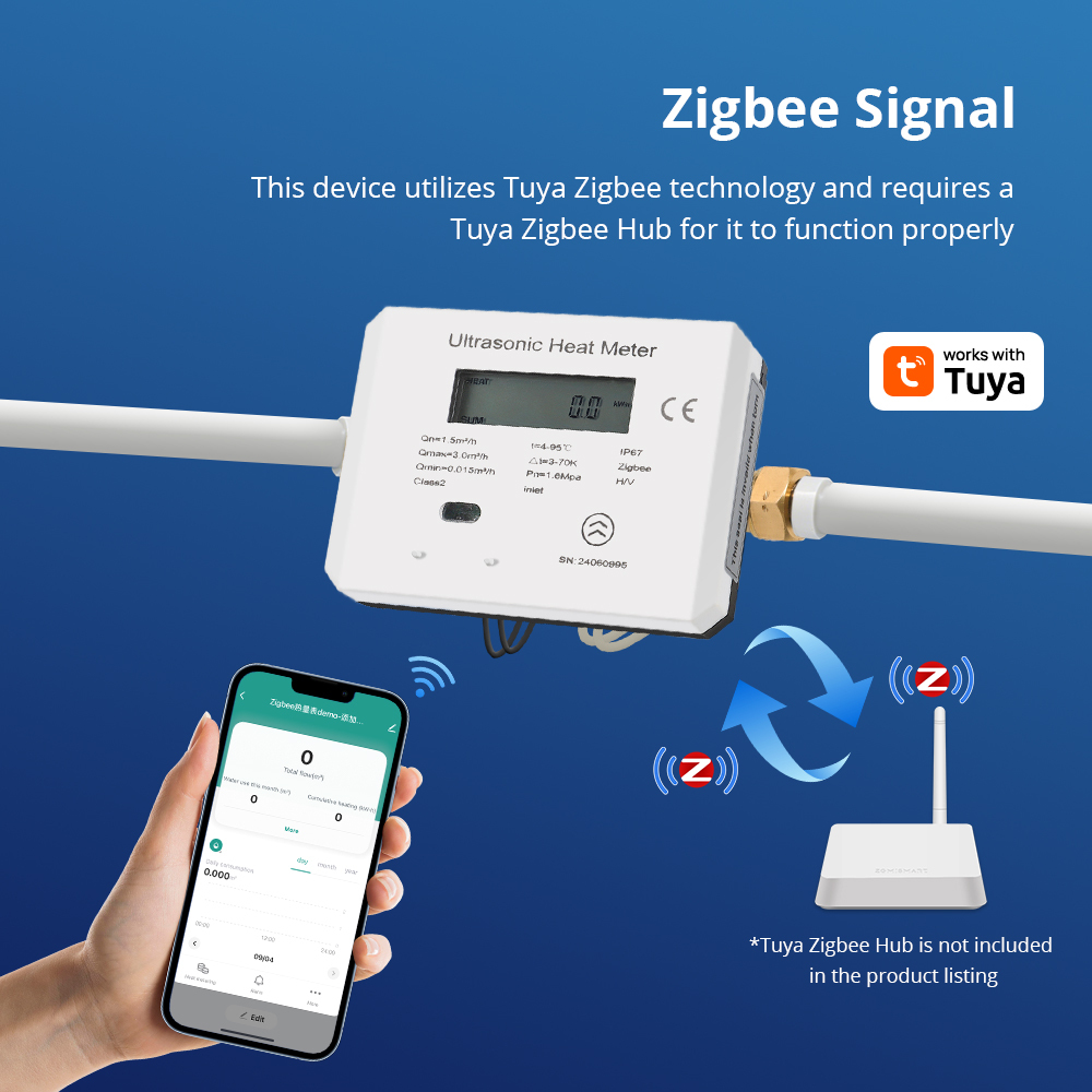 Zigbee Smart Ultrasonic Heat Meter LCD Display Air Conditioner Cold and Heat Water Meter Heating Energy Meter Work with Tuya App