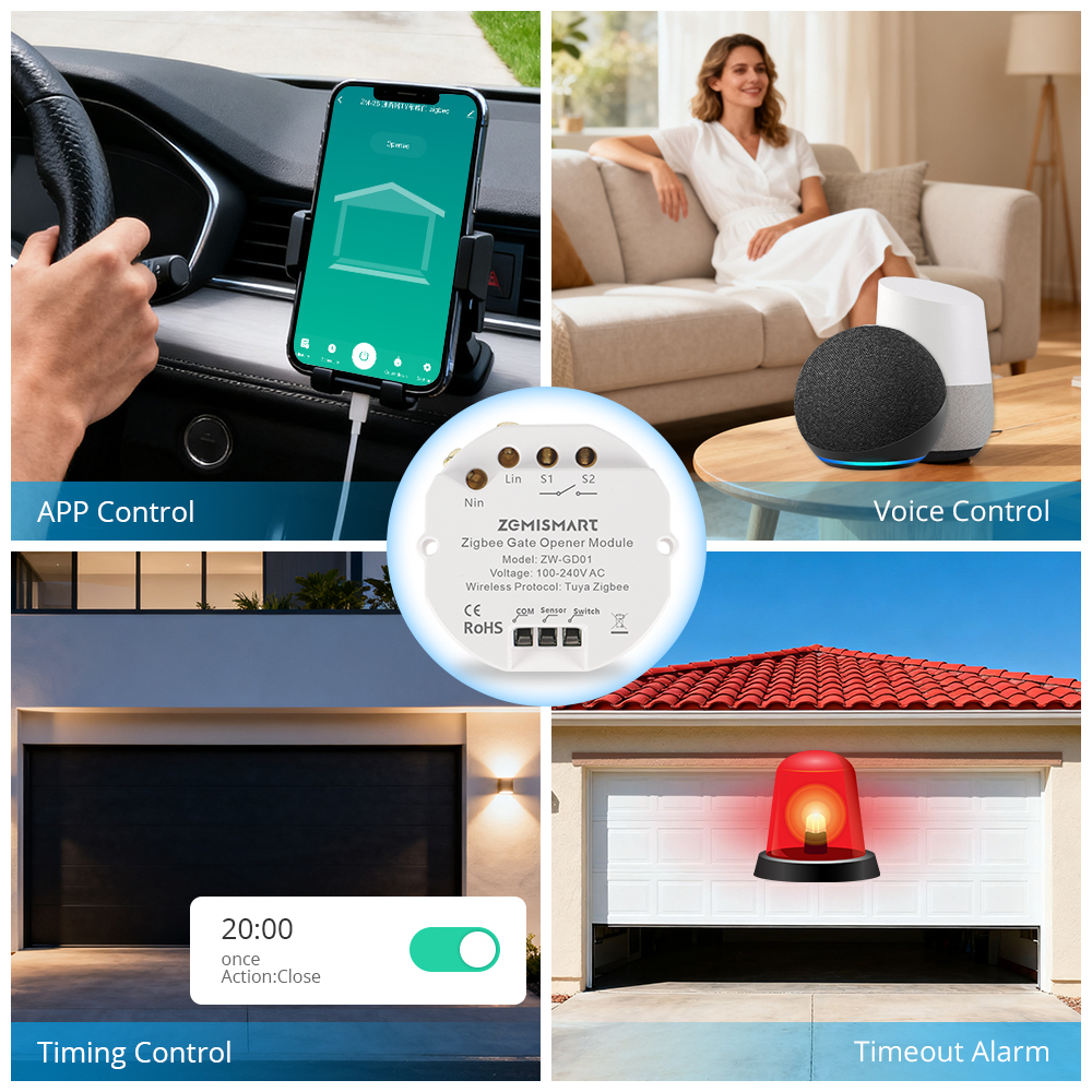 Zemismrt Smart Garage Door Opener Relay Switch works with Tuya Zigbee Voice App Timer Control