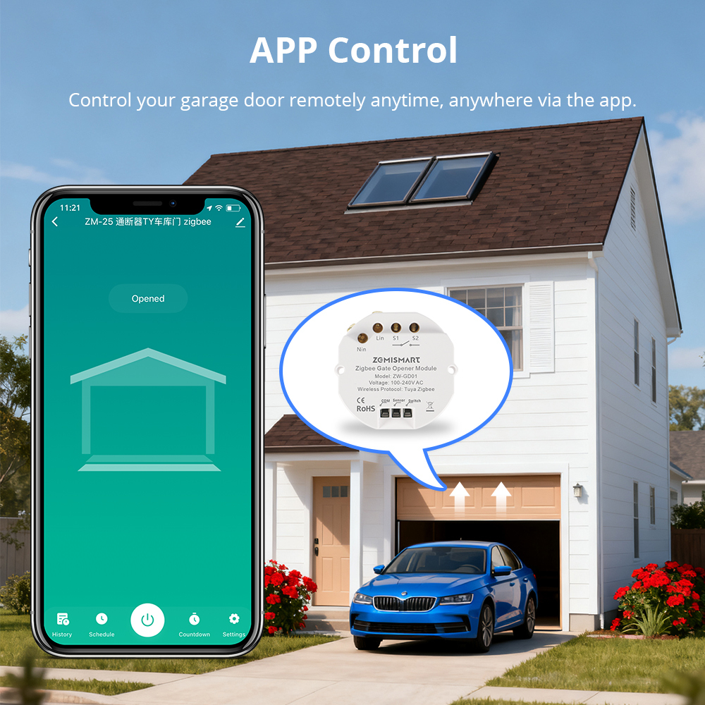 Zemismrt Smart Garage Door Opener Relay Switch works with Tuya Zigbee Voice App Timer Control