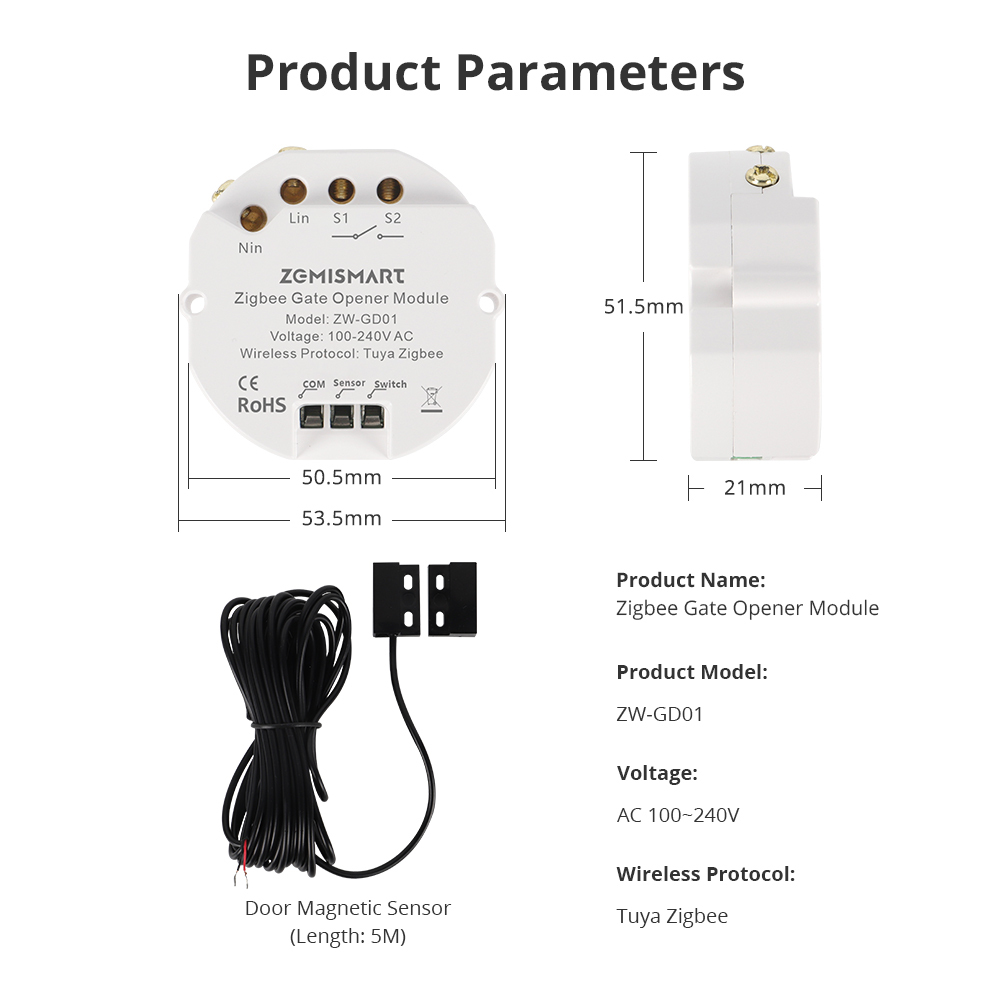 Zemismrt Smart Garage Door Opener Relay Switch works with Tuya Zigbee Voice App Timer Control