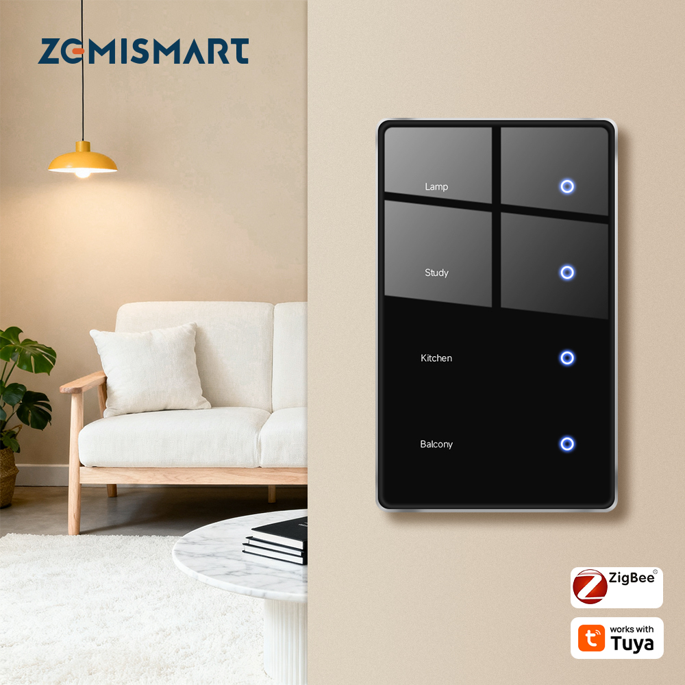 Zemismart Zigbee Light Switch DIY Name Switch with Display Screen Black Color Touch Panel Works with Tuya Smart App