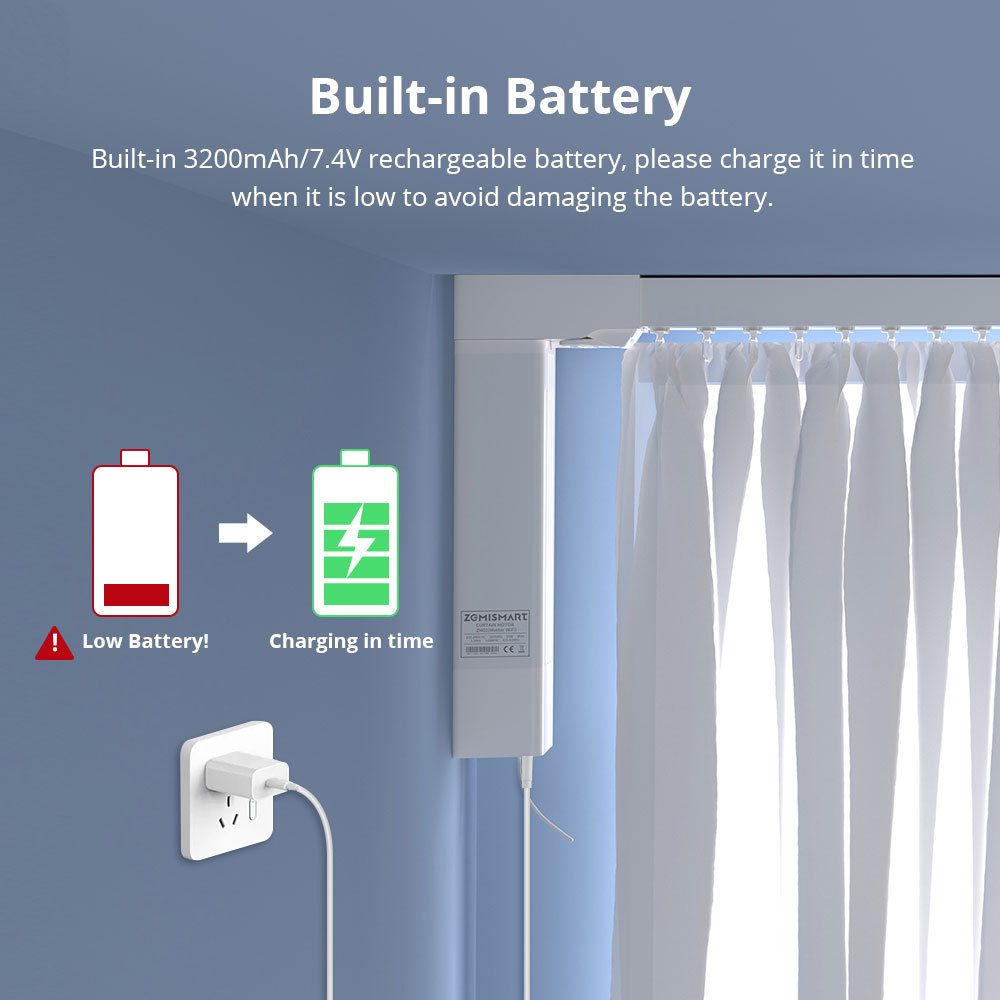 Zemismart Zigbee Electric Curtain Motor Built-in Battery with Sliding Track works with Tuya Alexa Echo Google Home Voice Control