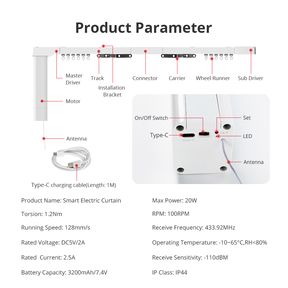 Zemismart Zigbee Electric Curtain Motor Built-in Battery with Sliding Track works with Tuya Alexa Echo Google Home Voice Control