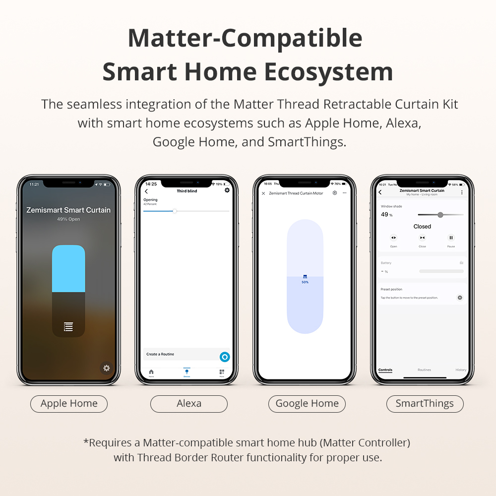 Zemismart Matter Thread Electric Retractable Curtain Track and Smart Motor Homekit SmartThings Home Assistant Alexa Google Home