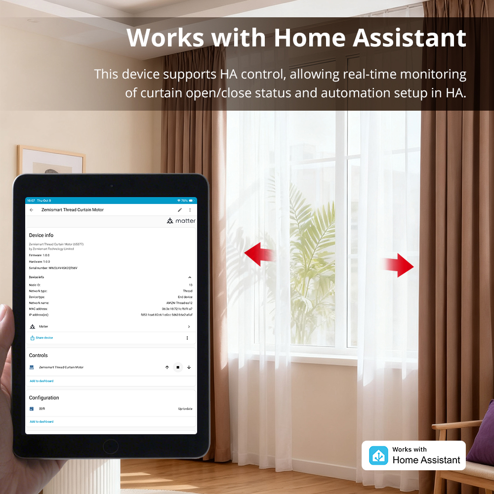Zemismart Matter Thread Electric Retractable Curtain Track and Smart Motor Homekit SmartThings Home Assistant Alexa Google Home