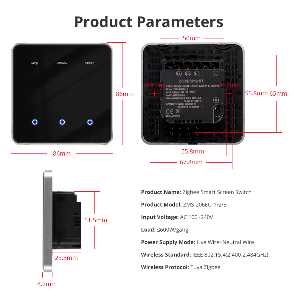 Zemismart Screen Light Switch DIY Name EU Type Switch with Display Screen Black Color Touch Panel Works with Tuya Smart App