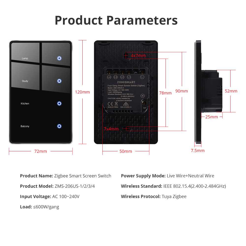 Zemismart Zigbee Light Switch DIY Name Switch with Display Screen Black Color Touch Panel Works with Tuya Smart App