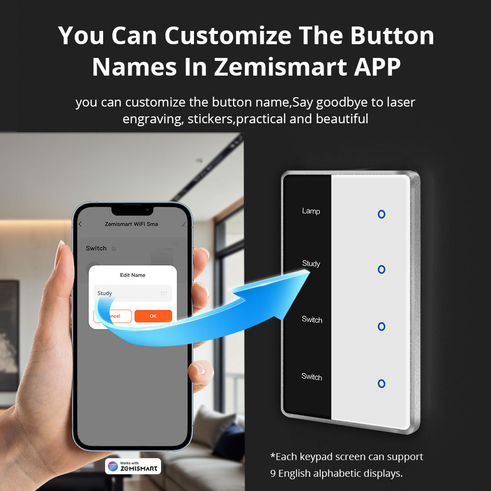 Zemismart Matter over Wifi DIY Name Switch Smart Display Screen Light Touch US Switch  Alexa Google Home HomeKit Siri Voice Control