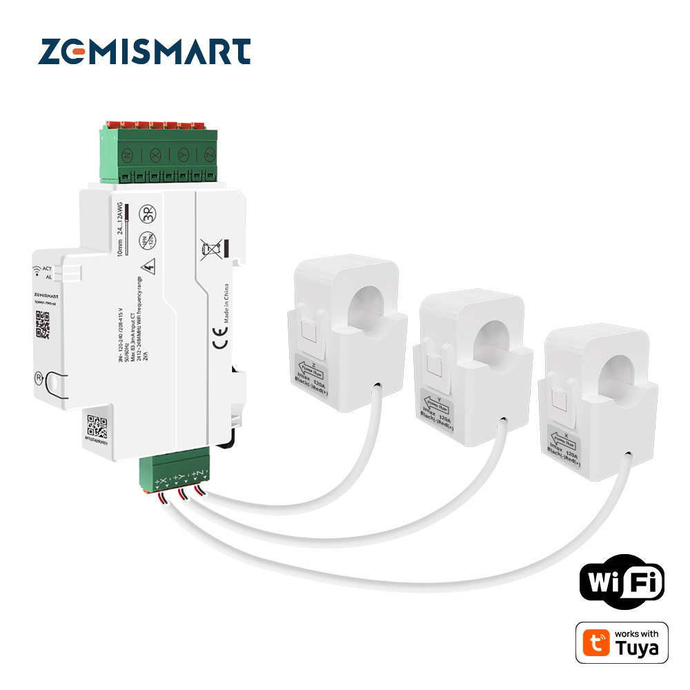 Zemismart Wifi 3 Phase Smart Energy Meter Max 120A with 3 clamps works with Tuya measuring Alarm function Monitor 110v-240v