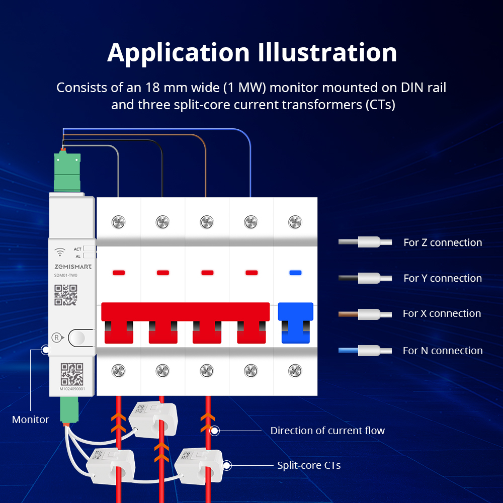 Zemismart Wifi 3 Phase Smart Energy Meter Max 120A with 3 clamps works with Tuya measuring Alarm function Monitor 110v-240v