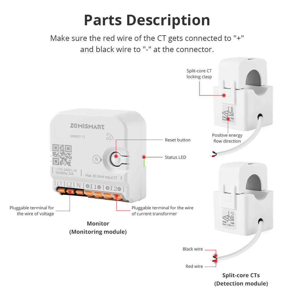 Zemismart Zigbee 2 Phase Smart Energy Meter Max 120A with 2 clamps works with Tuya measuring Alarm function Monitor 110v-240v