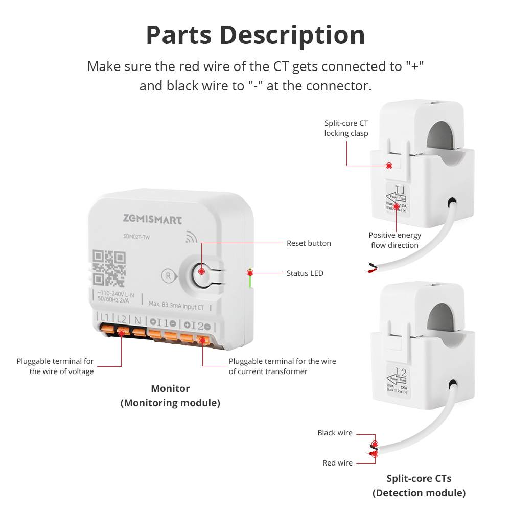 Zemismart Wifi 2 Phase Smart Energy Meter Max 120A with 2 clamps