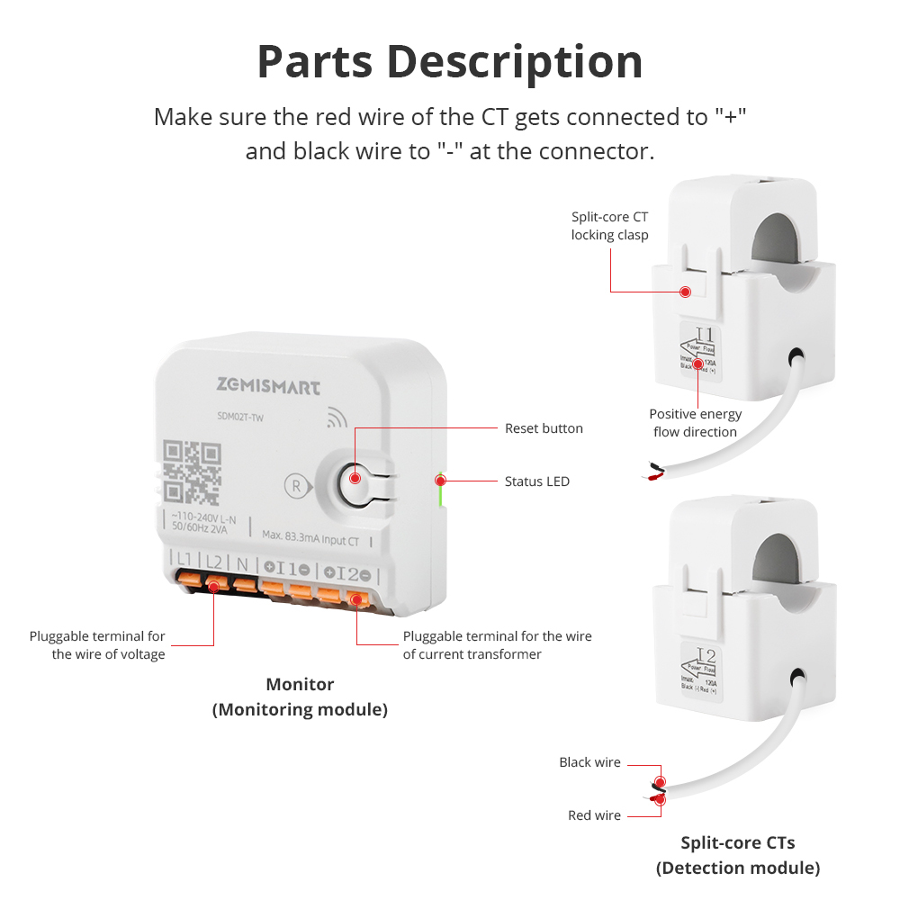 Zemismart Wifi 2 Phase Smart Energy Meter Max 120A with 2 clamps works with Tuya measuring Alarm function Monitor 110v-240v