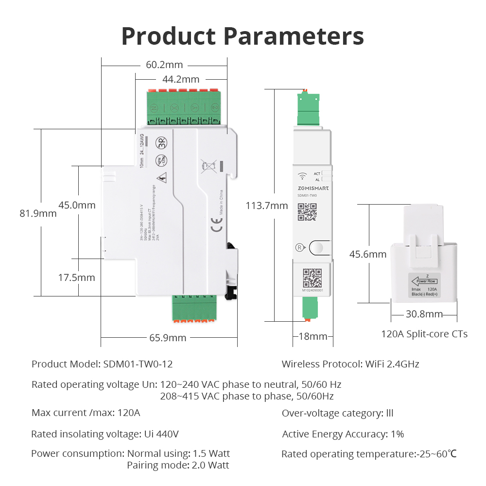 Zemismart Wifi 3 Phase Smart Energy Meter Max 120A with 3 clamps works with Tuya measuring Alarm function Monitor 110v-240v