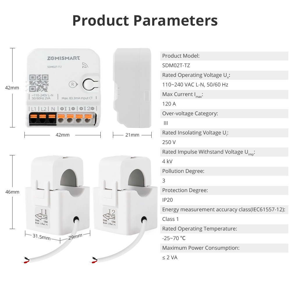 Zemismart Zigbee 2 Phase Smart Energy Meter Max 120A with 2 clamps works with Tuya measuring Alarm function Monitor 110v-240v