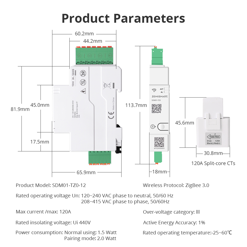 Zemismart Zigbee 3 Phase Smart Energy Meter Max 120A with 3 clamps works with Tuya measuring Alarm function Monitor 110v-240v