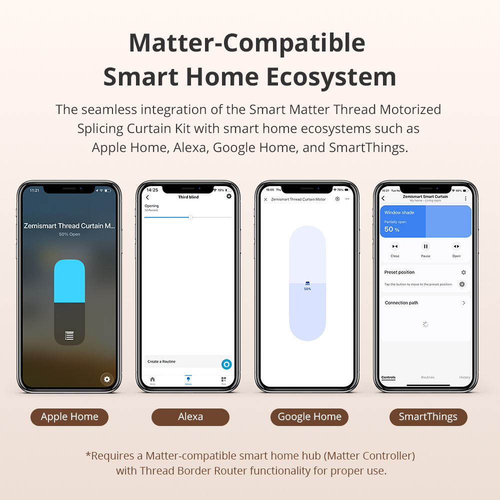 Zemismart Matter Over Thread Slide Curtain Smart HomeKit SmartThings Google Home APP Control by Siri Voice Control