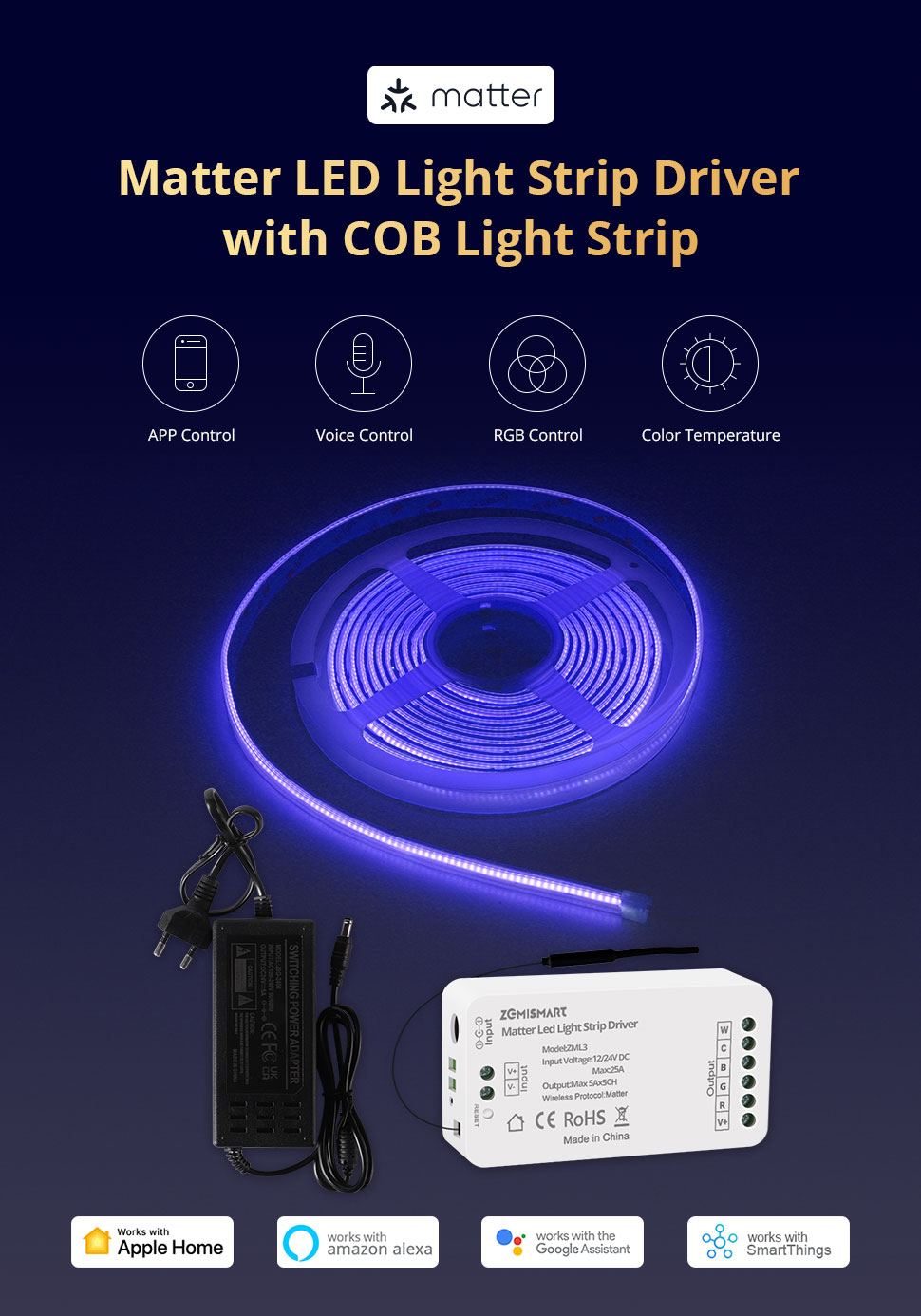 Zemismart Matter Over WiFi CW Led Strip Light Controller with COB