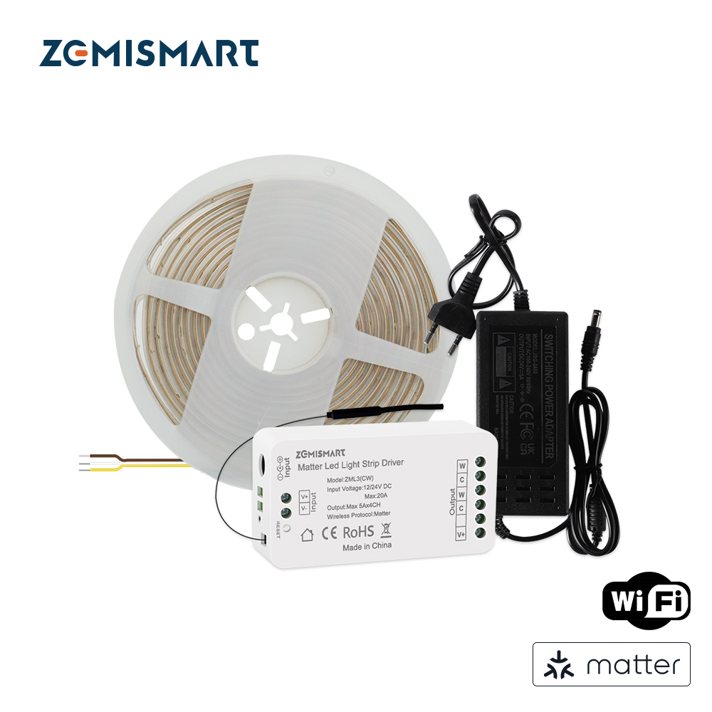 Zemismart Matter Over WiFi CW  Led Strip Light Controller with COB Light Strip 24V Support Smartthings Alexa Google Home App Control