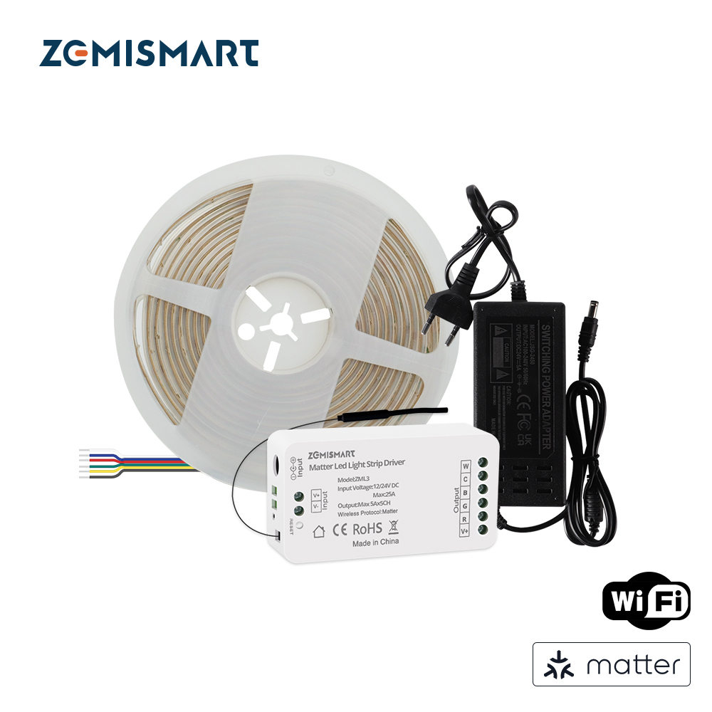 Zemismart Matter Over WiFi RGBCW Led Strip Light Controller with COB Light Strip 24V Support Smartthings Alexa Google Home App Control