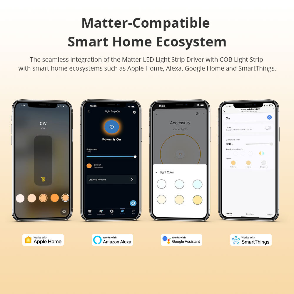 Zemismart Matter Over WiFi CW  Led Strip Light Controller with COB Light Strip 24V Support Smartthings Alexa Google Home App Control