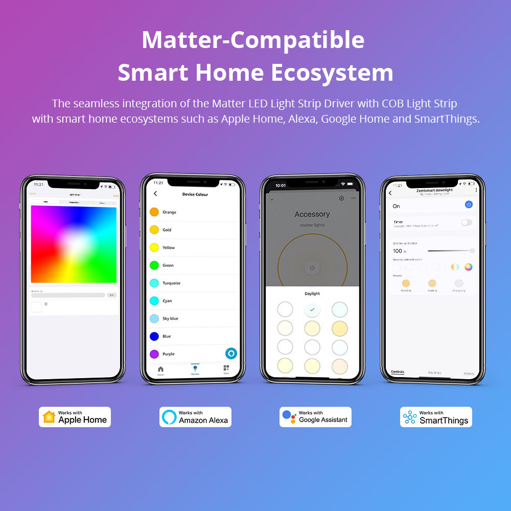 Zemismart Matter Over WiFi RGBCW Led Strip Light Controller with COB Light Strip 24V Support Smartthings Alexa Google Home App Control