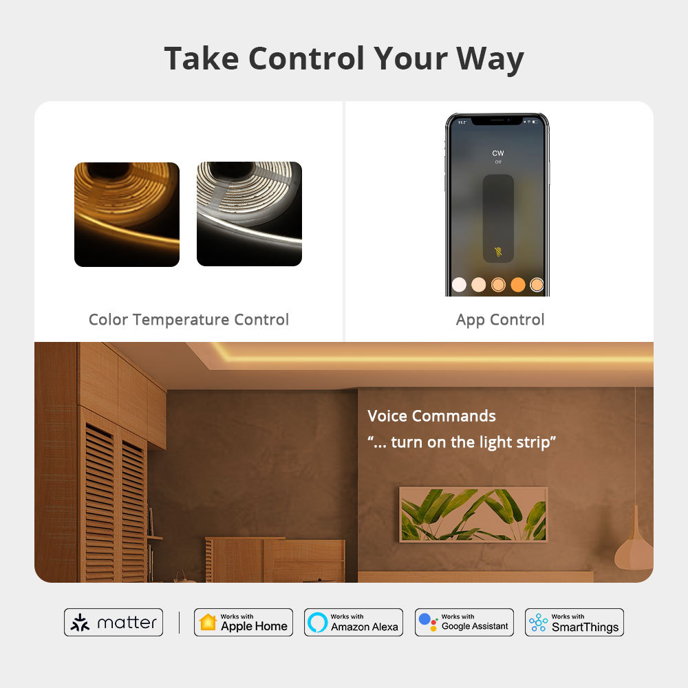 Zemismart Matter Over WiFi CW  Led Strip Light Controller with COB Light Strip 24V Support Smartthings Alexa Google Home App Control