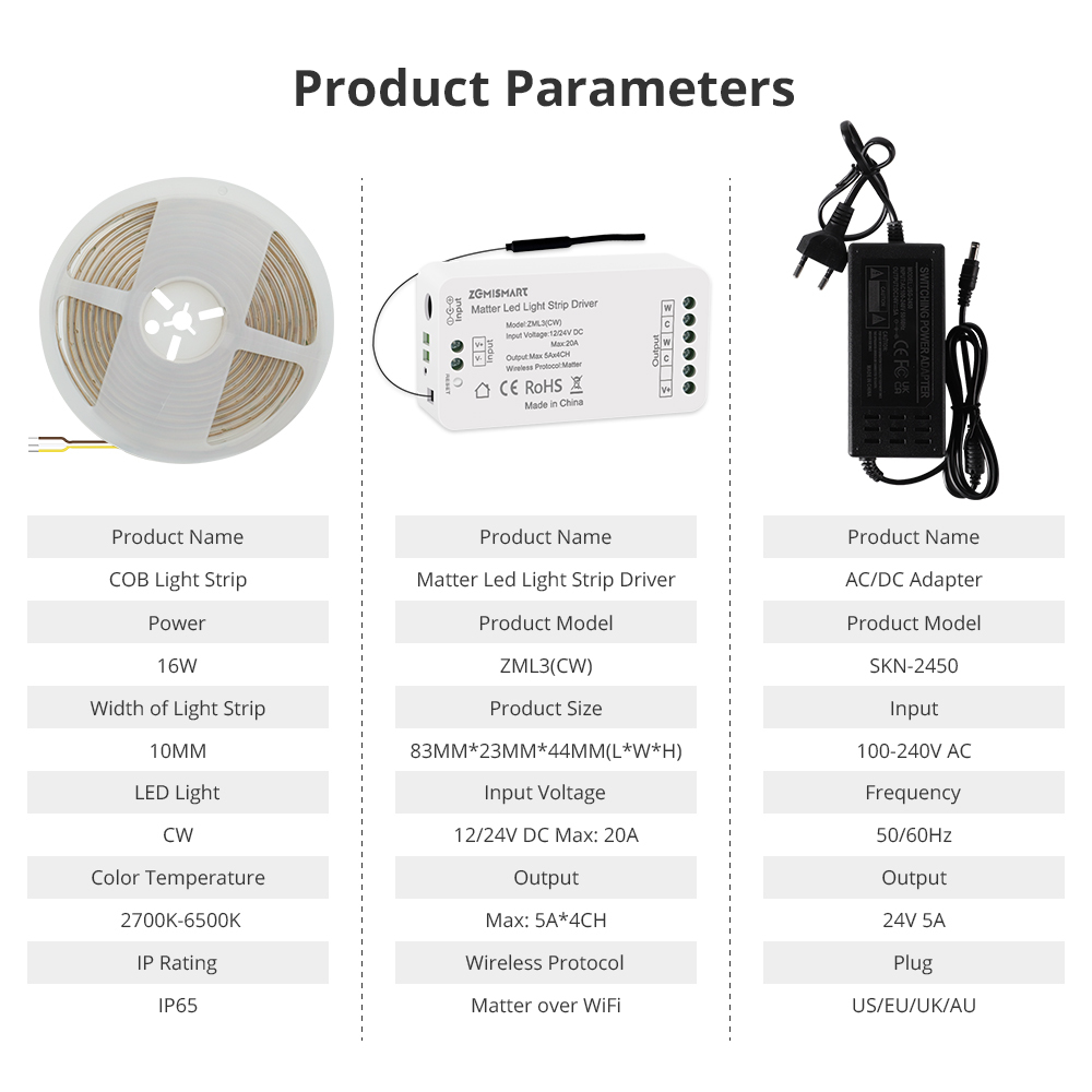 Zemismart Matter Over WiFi CW  Led Strip Light Controller with COB Light Strip 24V Support Smartthings Alexa Google Home App Control