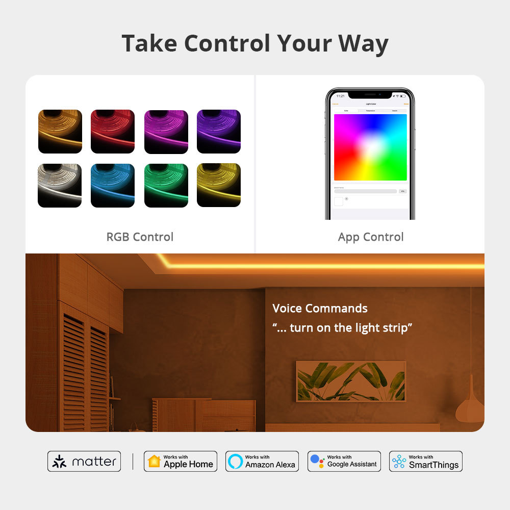 Zemismart Matter Over WiFi RGBCW Led Strip Light Controller with COB Light Strip 24V Support Smartthings Alexa Google Home App Control