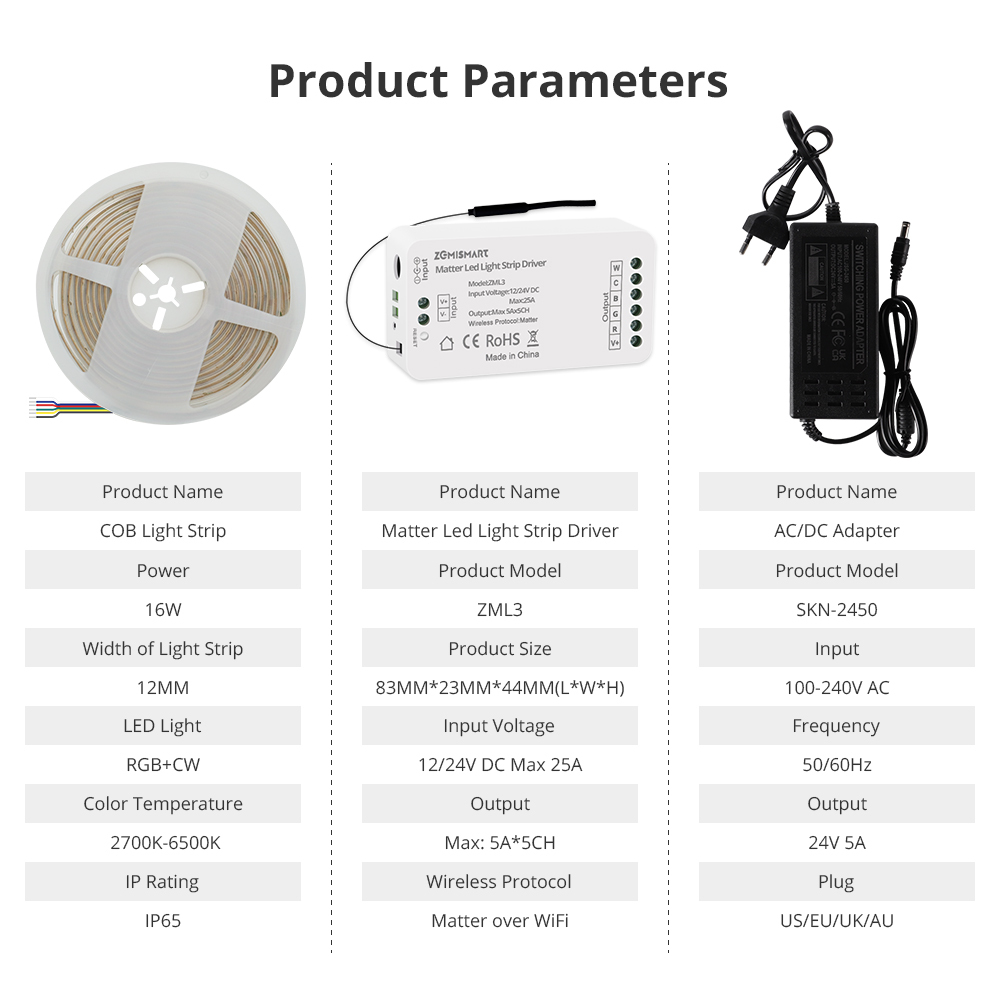 Zemismart Matter Over WiFi RGBCW Led Strip Light Controller with COB Light Strip 24V Support Smartthings Alexa Google Home App Control