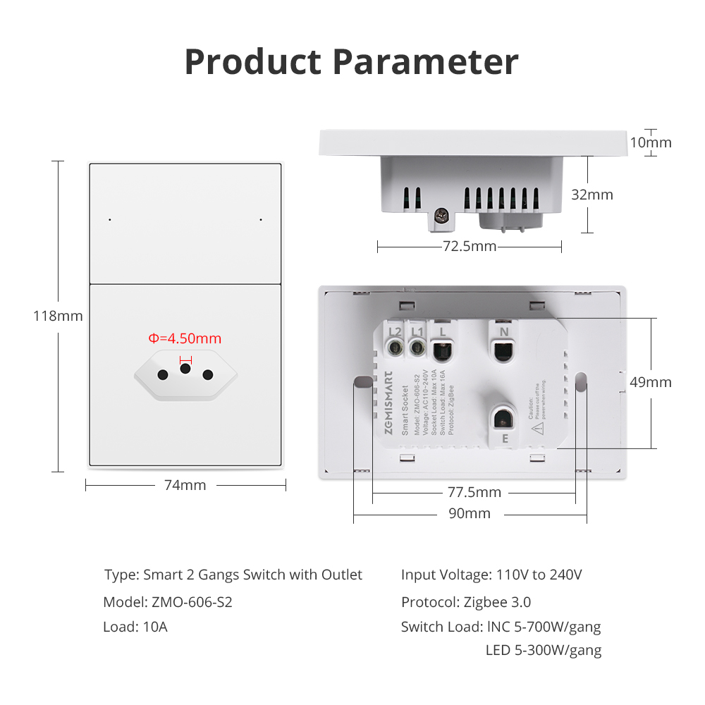 Zemismart Zigbee 2 Gang Light Switch with 10A Brazil Socket Support Tuya Google Home Smartthings Homekit Control via M1 Hub