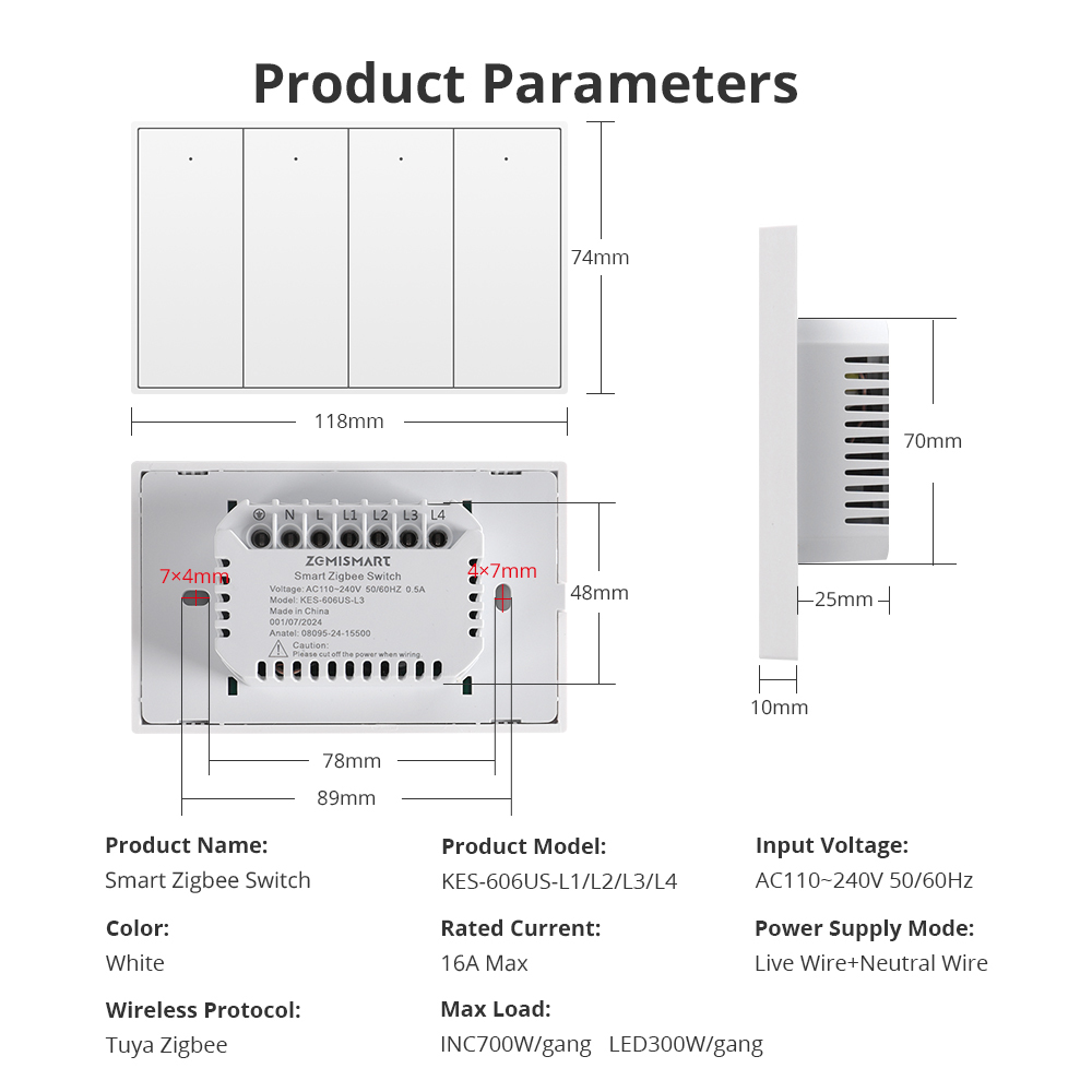 Zemismart Tuya Zigbee Neutral Push Switch Wall Light Switches 1 2 3 4 Gangs White Black Interruptor Alexa Google Home Smartthings Control Anatel KC