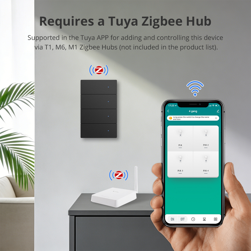 Zemismart Zigbee Neutral Switch Black Color with Aluminum Alloy Material 1 2 3 4 gangs works with Tuya HomeKit Google Home via M6 hub