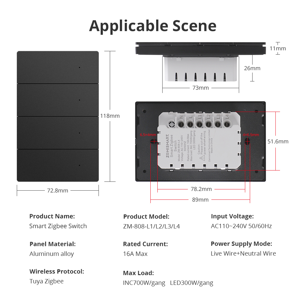 Zemismart Zigbee Neutral Switch Black Color with Aluminum Alloy Material 1 2 3 4 gangs works with Tuya HomeKit Google Home via M6 hub