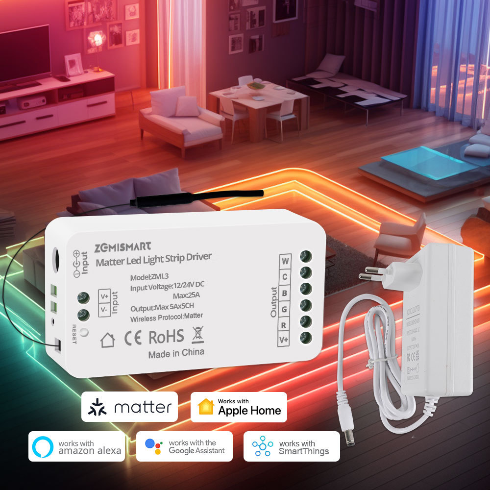 Zemismart Matter Over WiFi Led Strip Light Controller RGBCW Smart Led Driver Support Smartthings Alexa Google Home App Control