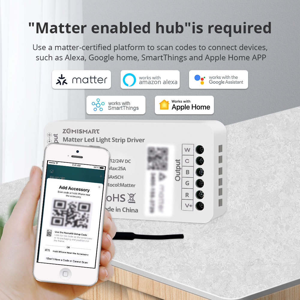 Zemismart Matter Over WiFi Led Strip Light Controller RGBCW Smart Led Driver Support Smartthings Alexa Google Home App Control
