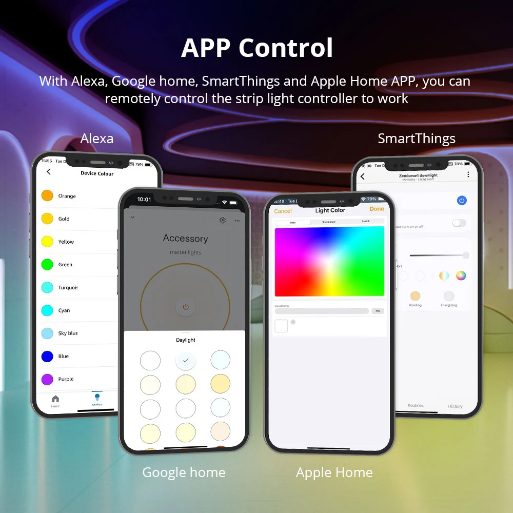 Curated visual reference: Smartthings Google Home Lighting Automation Reference: Zemismart Matter Over WiFi Led Strip Light Controller Rgbcw Smart