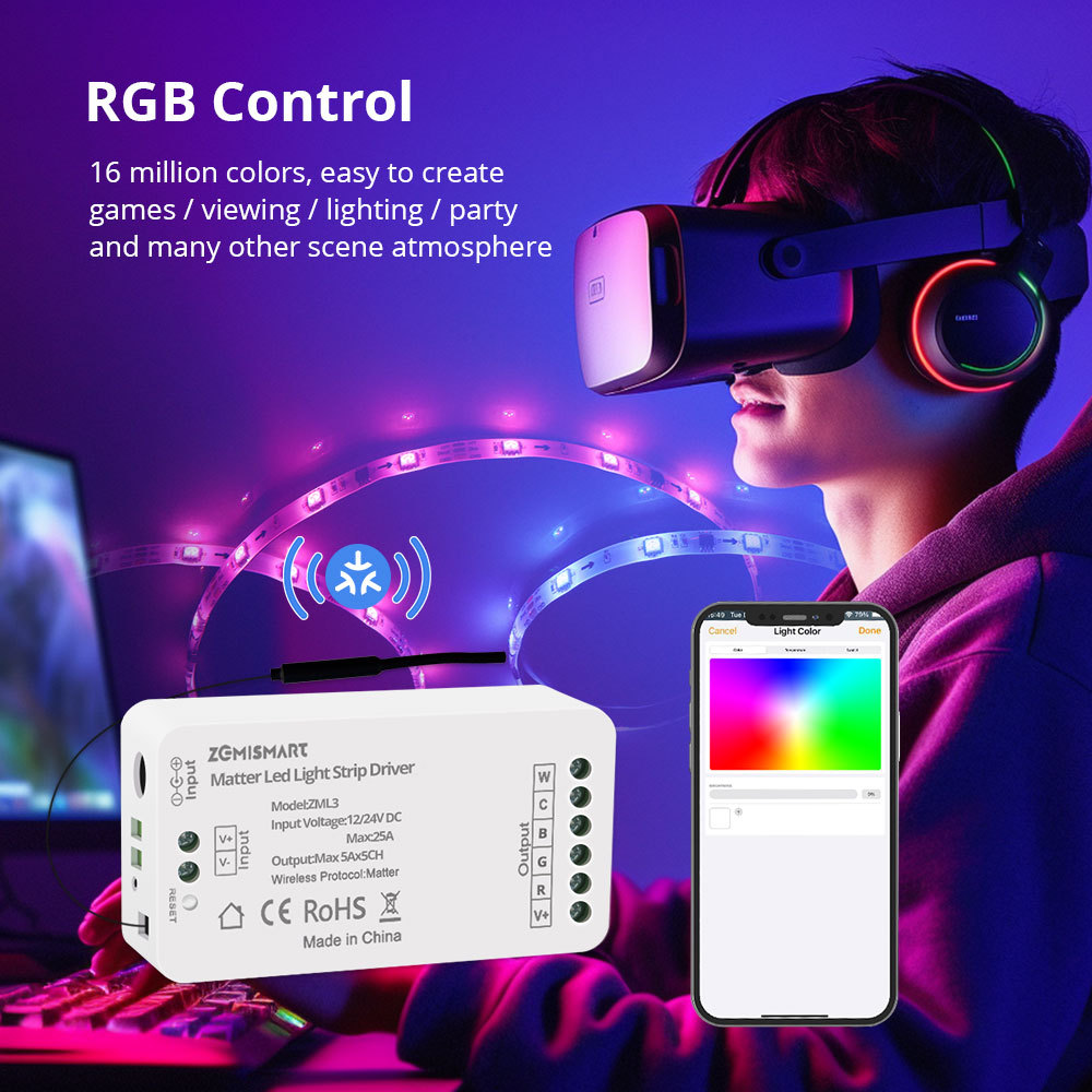 Zemismart Matter Over WiFi Led Strip Light Controller RGBCW Smart Led Driver Support Smartthings Alexa Google Home App Control