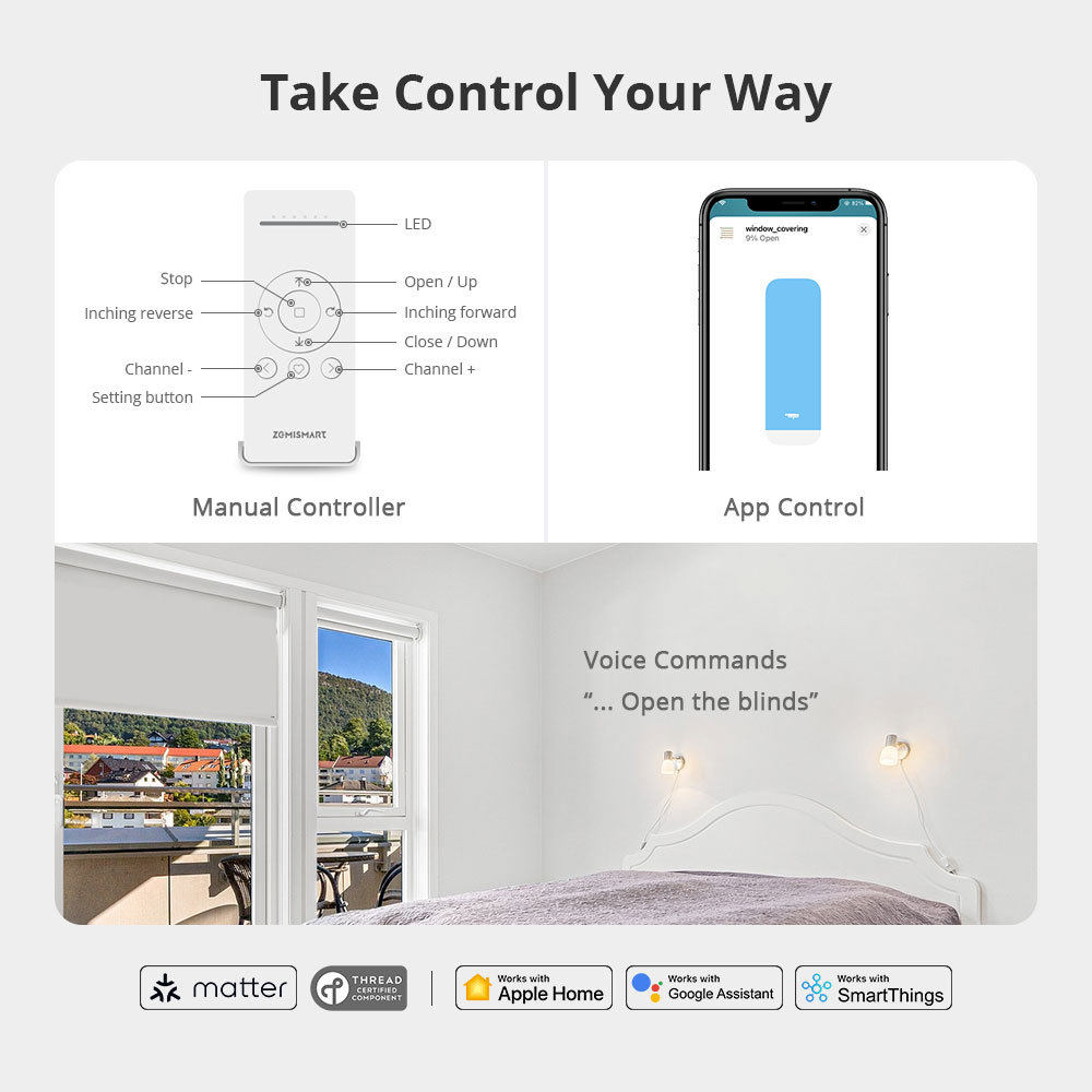 Zemismart Matter over Thread Built-in Battery Blind Motor compatible with 17/20/25/28mm Tubes HomeKit Google Home App Siri Control