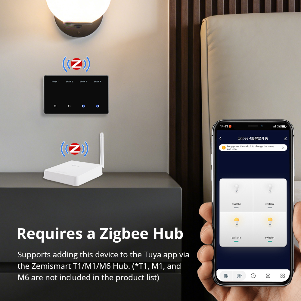 Zemismart Zigbee DIY Name Light Switch Horizontal with Display Screen Black Color Touch Panel Works with Tuya Smart App
