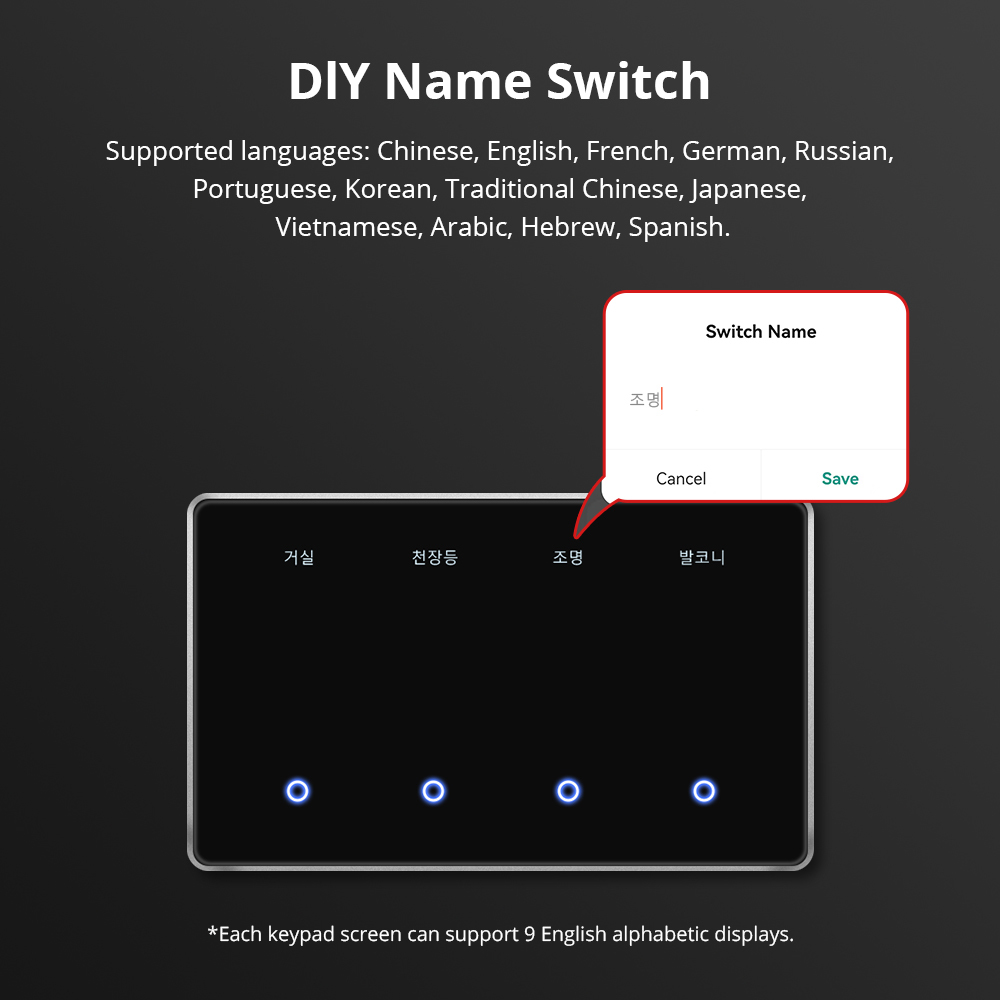 Zemismart Zigbee DIY Name Light Switch Horizontal with Display Screen Black Color Touch Panel Works with Tuya Smart App